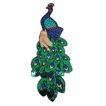 Symærke påfugl, grøn, blå og guld palietter 64x23 cm